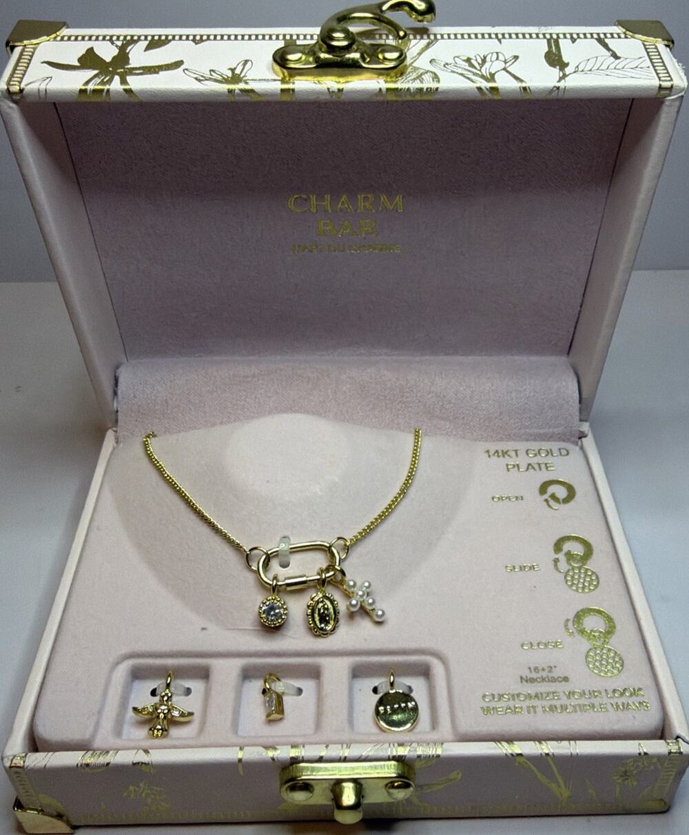 NEW Charm Bar 14K Gold plated Necklace with 6 Faith Themed Charms Pave Crystals